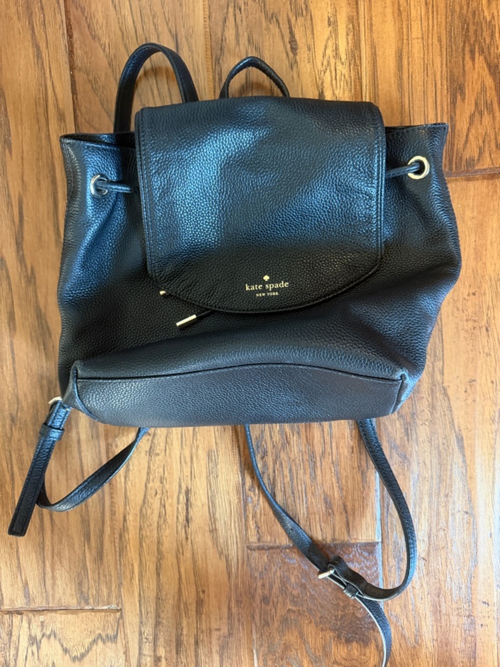 kate spade Black Pebbled Leather Drawstring Backpack with Flap